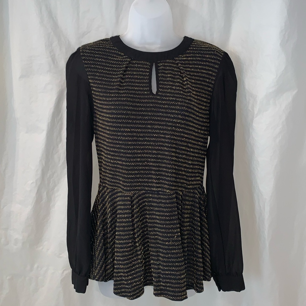 1x Forever 21 Plus Black & Gold Keyhole Peplum Top w Sheer Sleeves